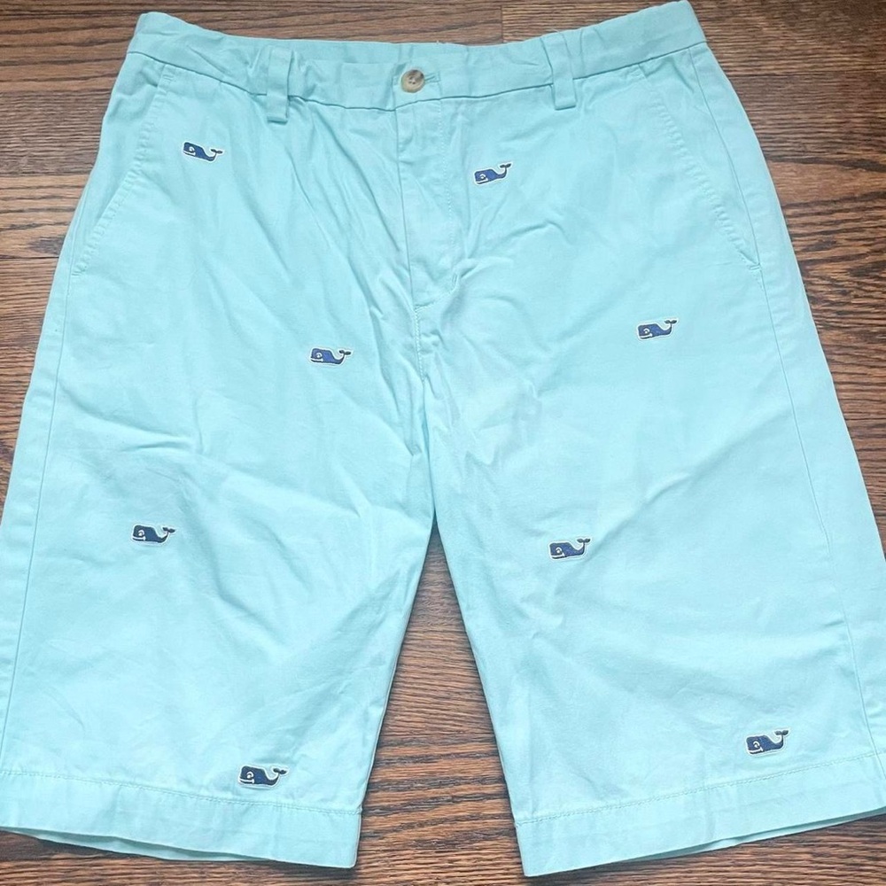 Vineyard Vines Blue Flat Front Shorts with Whale Embroidery